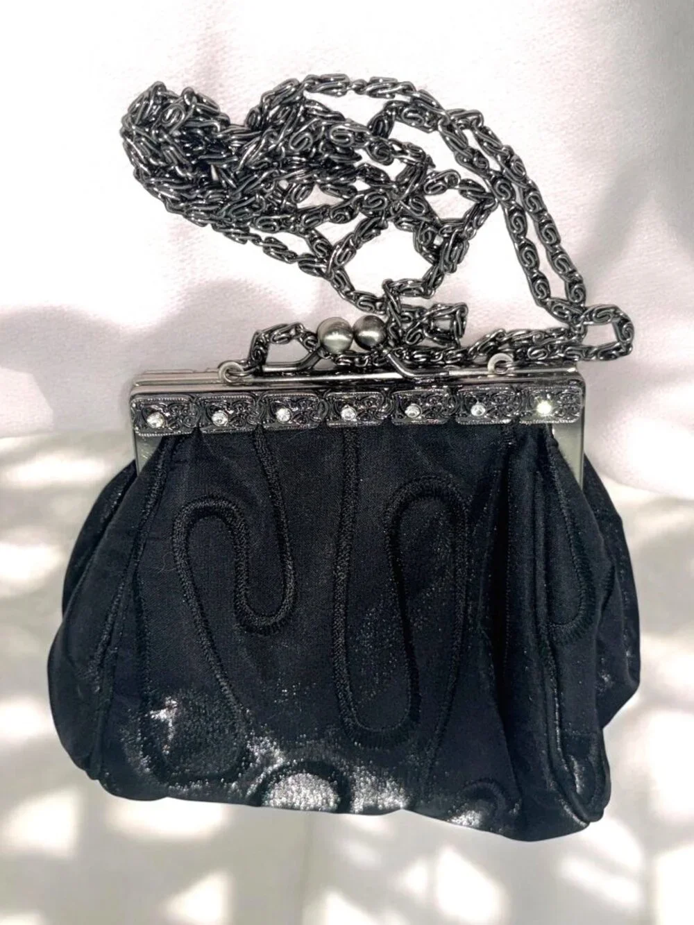 Vintage Black Satin Evening Bag With Rhinestone Clasp & Chain Strap